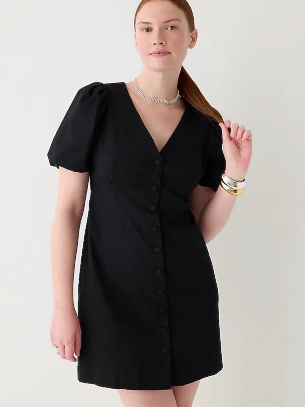 J Crew Women’s Cotton Black Puff-Sleeve V-Neck Mini Dress